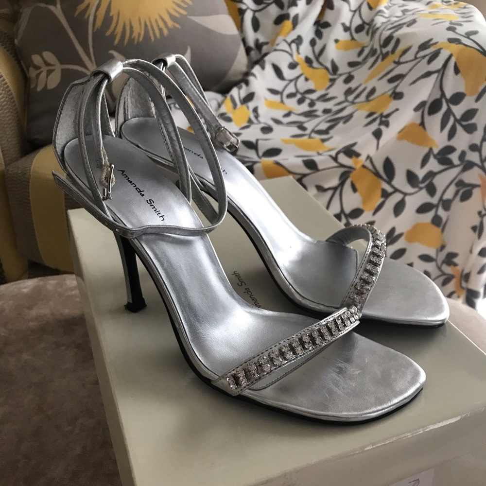 Amanda Smith Silver Rhinestone Open Toe Heels.